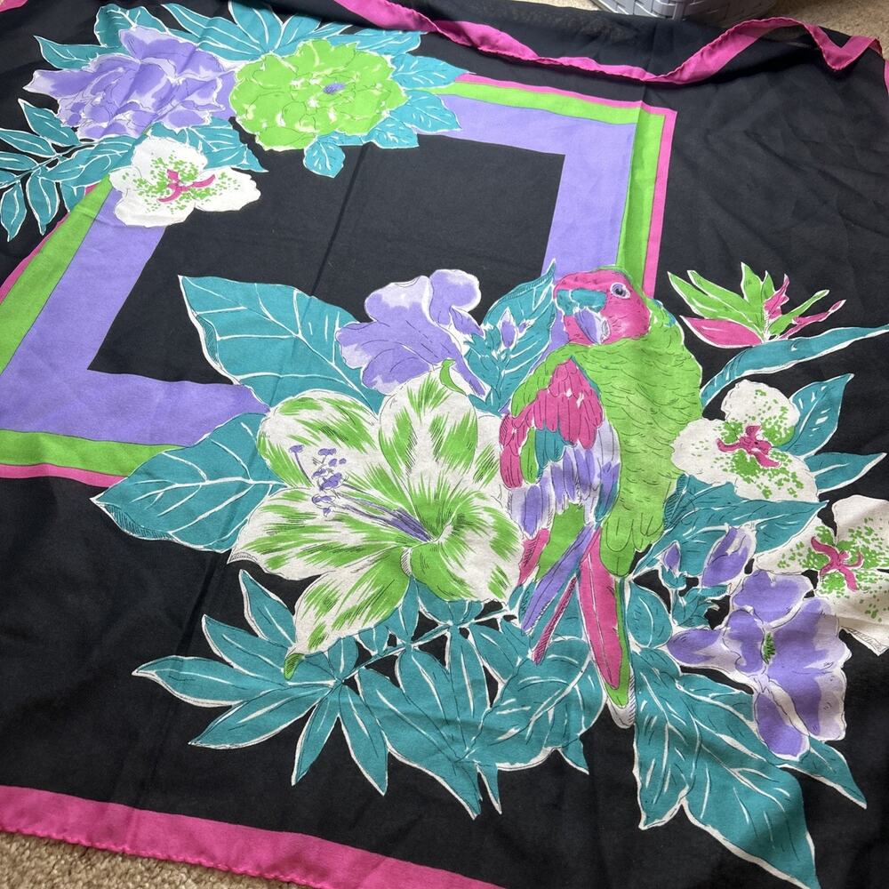 Vtg Parrot Colorful Tropical Flowers Floral Print Scarf 33”x34” Italy Polyester